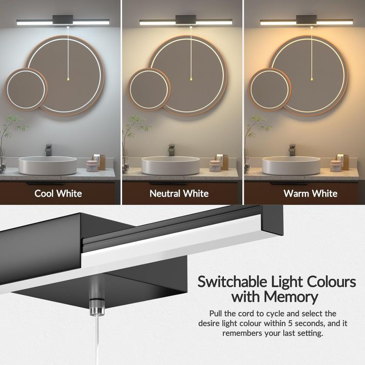 Picture of 3-Colour 40CM Bathroom Over Mirror Light with Pull Cord Switch, IP44 Water Resistant 3CCT LED Bathroom Wall Light Fixture Black, 8W AC230V Hard Wired