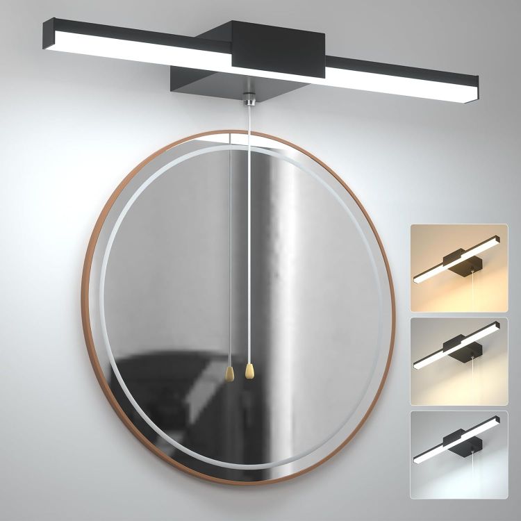 Picture of 3-Colour 40CM Bathroom Over Mirror Light with Pull Cord Switch, IP44 Water Resistant 3CCT LED Bathroom Wall Light Fixture Black, 8W AC230V Hard Wired
