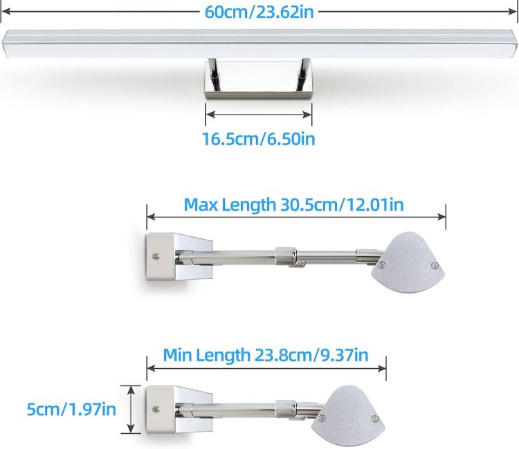 Picture of MantoLite 60CM LED Bathroom Mirror Lights Adjustable Angle 180°12W Picture Lights IP44 Bath Wall Lights Chrome Vanity Light for Bedroom Living Room 3000K Shaving Light 