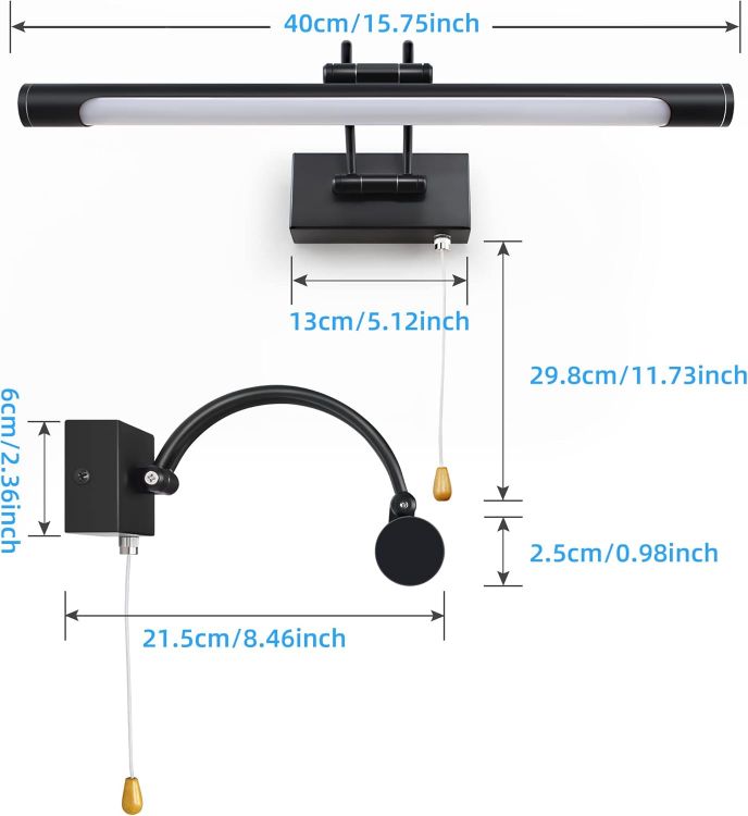 Picture of Black 8W Picture Lights for Wall Bathroom Mirror Light Bathroom Wall Light with Pull Cord 3000K IP44 for Living Room Bathroom Hotel Restaurant