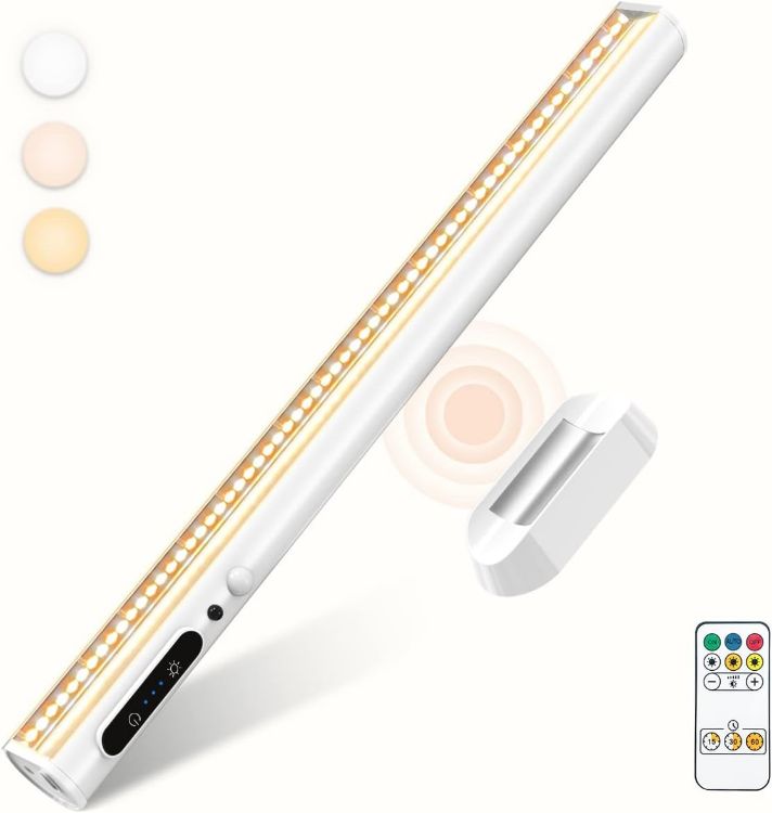 Picture of Motion Sensor LED Strip Light Bar, bravzurg Battery Operated Wall Lights, 4000mAh Rechargeable Lamp, Magnetic Dimmable Remote Control, Under Cabinet Kitchen Light for Mirror Bathroom Bedroom – White | 4000mAh Rechargeable Lamp, Magnetic Dimmable Remote Control, Under Cabinet Kitchen Light for Shelf Indoor Bathroom - White