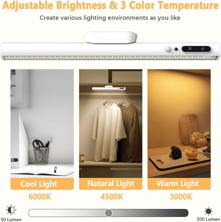 Picture of Motion Sensor LED Strip Light Bar, bravzurg Battery Operated Wall Lights, 4000mAh Rechargeable Lamp, Magnetic Dimmable Remote Control, Under Cabinet Kitchen Light for Mirror Bathroom Bedroom – White | 4000mAh Rechargeable Lamp, Magnetic Dimmable Remote Control, Under Cabinet Kitchen Light for Shelf Indoor Bathroom - White