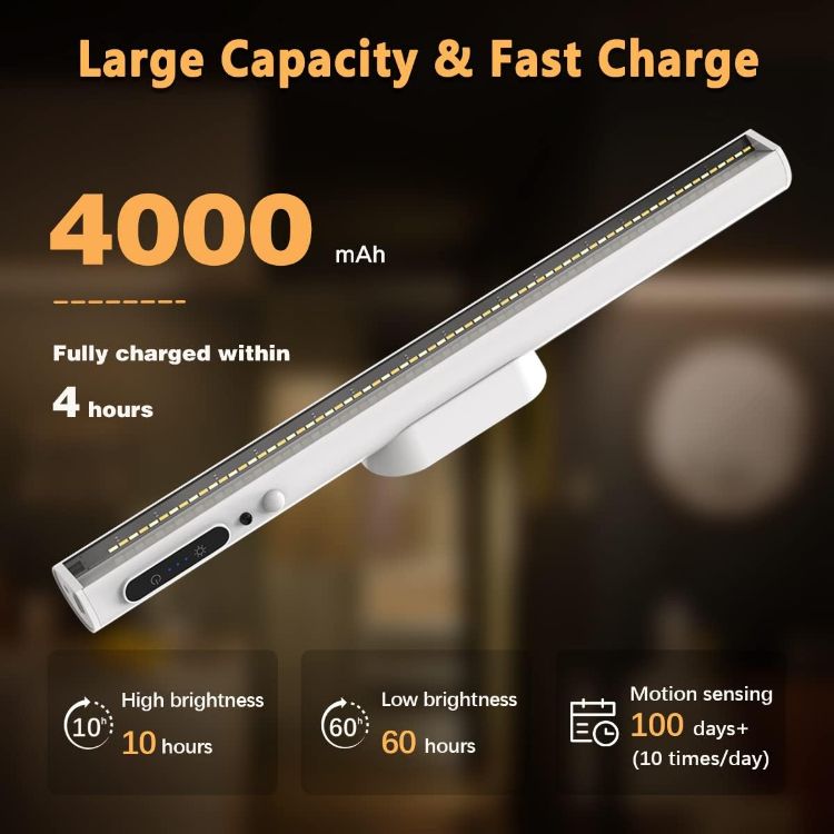 Picture of Motion Sensor LED Strip Light Bar, bravzurg Battery Operated Wall Lights, 4000mAh Rechargeable Lamp, Magnetic Dimmable Remote Control, Under Cabinet Kitchen Light for Mirror Bathroom Bedroom – White | 4000mAh Rechargeable Lamp, Magnetic Dimmable Remote Control, Under Cabinet Kitchen Light for Shelf Indoor Bathroom - White