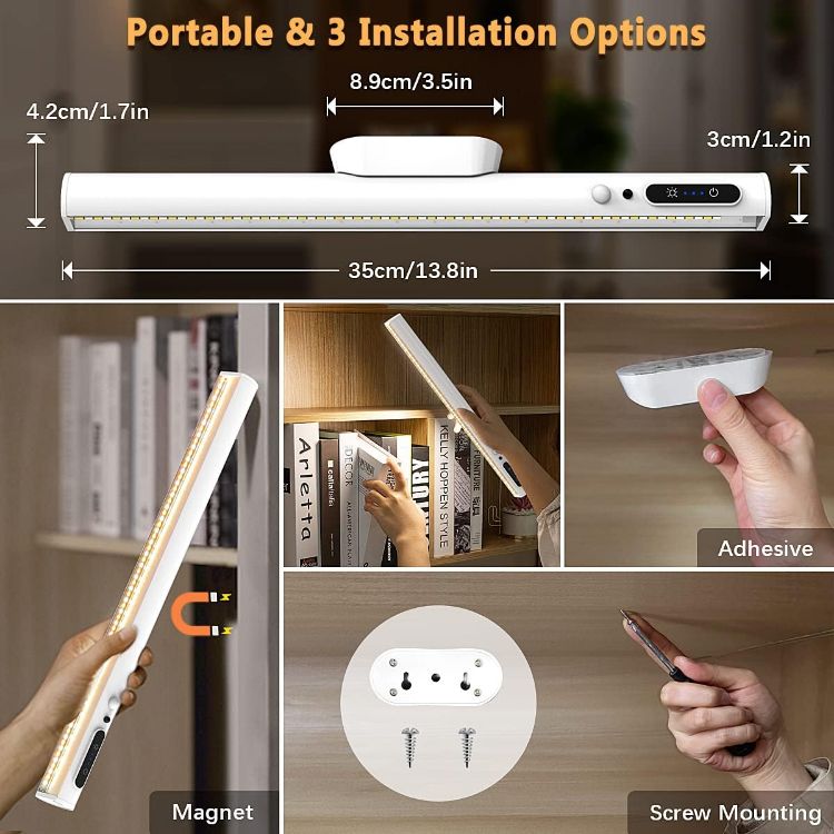 Picture of Motion Sensor LED Strip Light Bar, bravzurg Battery Operated Wall Lights, 4000mAh Rechargeable Lamp, Magnetic Dimmable Remote Control, Under Cabinet Kitchen Light for Mirror Bathroom Bedroom – White | 4000mAh Rechargeable Lamp, Magnetic Dimmable Remote Control, Under Cabinet Kitchen Light for Shelf Indoor Bathroom - White