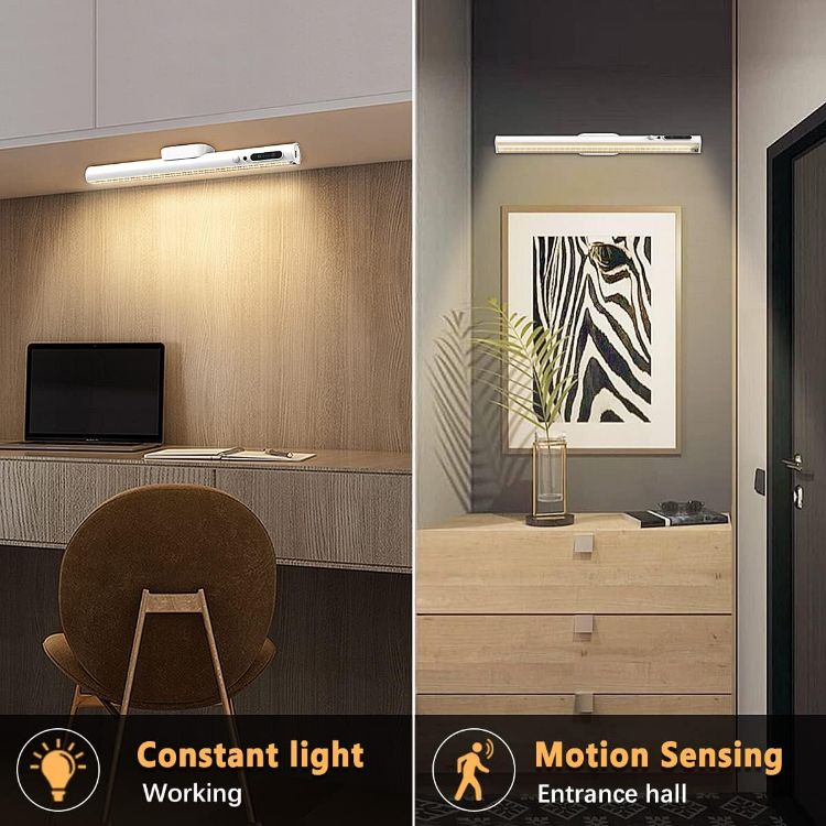 Picture of Motion Sensor LED Strip Light Bar, bravzurg Battery Operated Wall Lights, 4000mAh Rechargeable Lamp, Magnetic Dimmable Remote Control, Under Cabinet Kitchen Light for Mirror Bathroom Bedroom – White | 4000mAh Rechargeable Lamp, Magnetic Dimmable Remote Control, Under Cabinet Kitchen Light for Shelf Indoor Bathroom - White