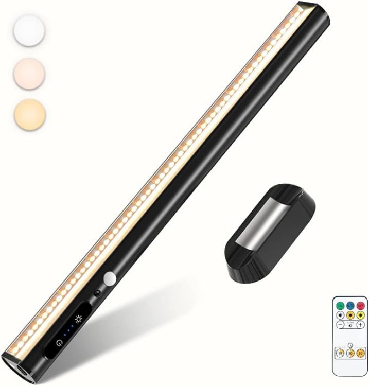 Picture of Motion Sensor LED Strip Light Bar, bravzurg Battery Operated Wall Lights, 4000mAh Rechargeable Lamp, Magnetic Dimmable Remote Control, Under Cabinet Kitchen Light for Mirror Bathroom Bedroom – White | 4000mAh Rechargeable Lamp, Magnetic Dimmable Remote Control, Under Cabinet Kitchen Light for Shelf Indoor Bathroom - White