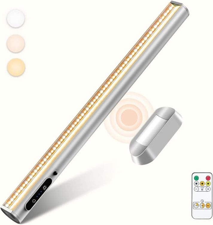 Picture of LED Strip Light Bar Battery Powered, 4000mAh Battery Operated Wall Lights, Magnetic Dimmable Remote Control, Rechargeable Under Shelf Lighting for Mirror Bathroom Indoor Outdoor- Black | Magnetic Dimmable Remote Control, Rechargeable Led Under Shelf Lighting for Wall Kitchen Bathroom Indoor Cabinet - Black 