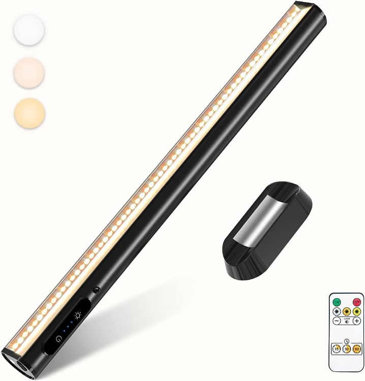 Picture of LED Strip Light Bar Battery Powered, 4000mAh Battery Operated Wall Lights, Magnetic Dimmable Remote Control, Rechargeable Under Shelf Lighting for Mirror Bathroom Indoor Outdoor- Black | Magnetic Dimmable Remote Control, Rechargeable Led Under Shelf Lighting for Wall Kitchen Bathroom Indoor Cabinet - Black 
