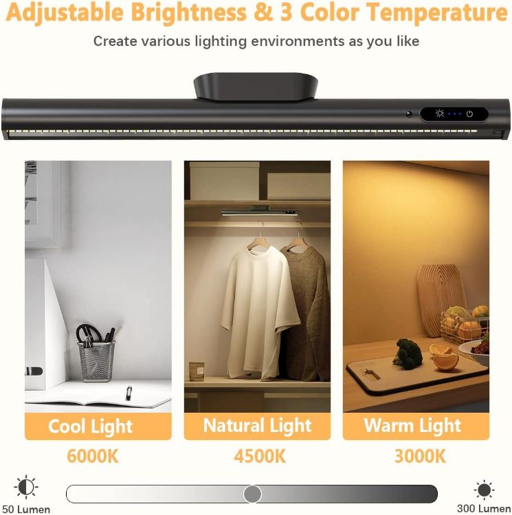 Picture of LED Strip Light Bar Battery Powered, 4000mAh Battery Operated Wall Lights, Magnetic Dimmable Remote Control, Rechargeable Under Shelf Lighting for Mirror Bathroom Indoor Outdoor- Black | Magnetic Dimmable Remote Control, Rechargeable Led Under Shelf Lighting for Wall Kitchen Bathroom Indoor Cabinet - Black 