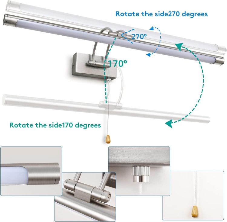 Picture of 60cm LED Picture Light with Pull Cord Bathroom Mirror Light with Switch for Living Room Adjustable Arm Bedside Reading Lamp Fixtures for Hotel 1320Lm 3000K IP44
