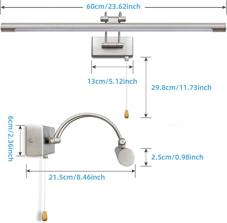 Picture of 60cm LED Picture Light with Pull Cord Bathroom Mirror Light with Switch for Living Room Adjustable Arm Bedside Reading Lamp Fixtures for Hotel 1320Lm 3000K IP44