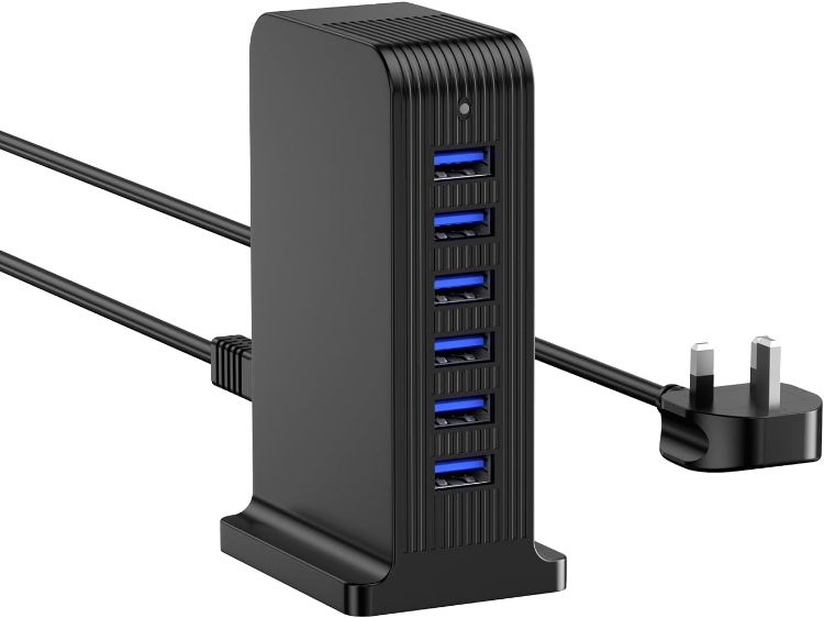 Picture of 25W USB Charger, Multiport Mains Power Adaptor, USB Charging Station for iPhone, AirPods, iPad, Samsung Galaxy and More - Black (6 Ports)