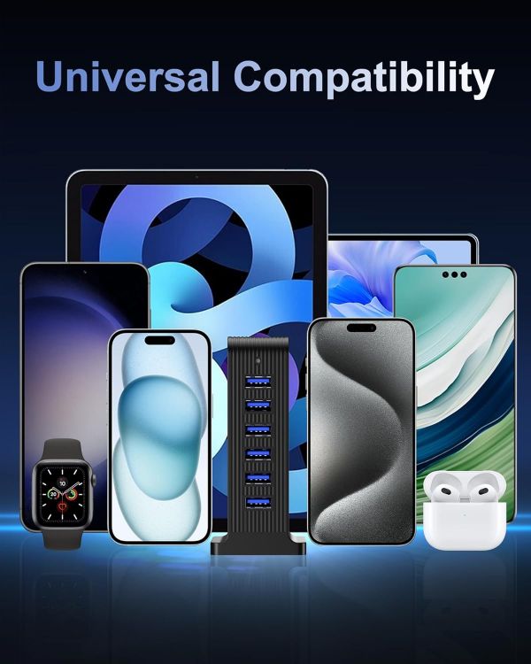 Picture of 25W USB Charger, Multiport Mains Power Adaptor, USB Charging Station for iPhone, AirPods, iPad, Samsung Galaxy and More - Black (6 Ports)
