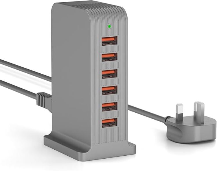 Picture of 25W USB Charger, Multiport Mains Power Adaptor, USB Charging Station for iPhone, AirPods, iPad, Samsung Galaxy and More - Black (6 Ports)