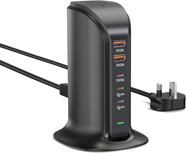 Picture of 25W USB Charger, Multiport Mains Power Adaptor, USB Charging Station for iPhone, AirPods, iPad, Samsung Galaxy and More - Black (6 Ports)