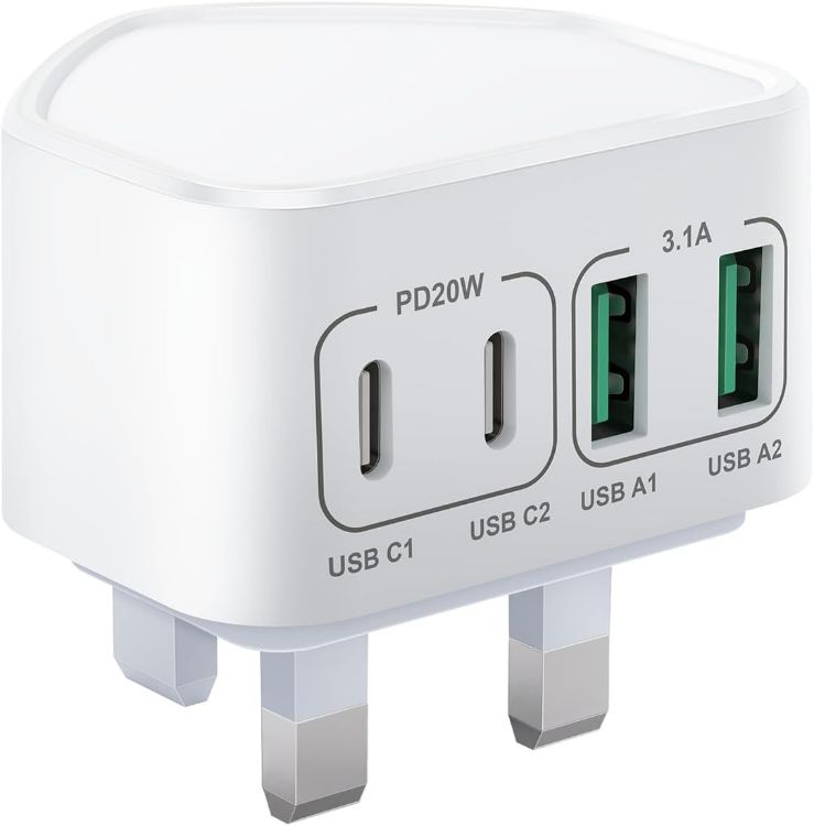 Picture of 40W USB C Plug Fast Charge, UK 4-Port Multi USB Charger Plug Fast Charging Head for iPhone 17 16 15 14 13 12 11 Pro Max SE XS XR Plus, iPad, Samsung Galaxy,Dual USBC Power Adaptor Type C Wall Head