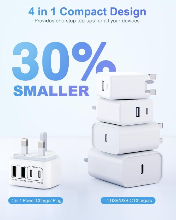 Picture of 40W USB C Plug Fast Charge, UK 4-Port Multi USB Charger Plug Fast Charging Head for iPhone 17 16 15 14 13 12 11 Pro Max SE XS XR Plus, iPad, Samsung Galaxy,Dual USBC Power Adaptor Type C Wall Head