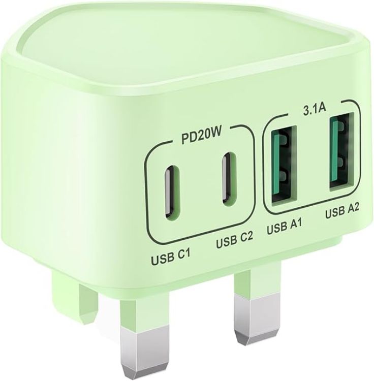 Picture of 40W USB C Plug Fast Charge, UK 4-Port Multi USB Charger Plug Fast Charging Head for iPhone 17 16 15 14 13 12 11 Pro Max SE XS XR Plus, iPad, Samsung Galaxy,Dual USBC Power Adaptor Type C Wall Head