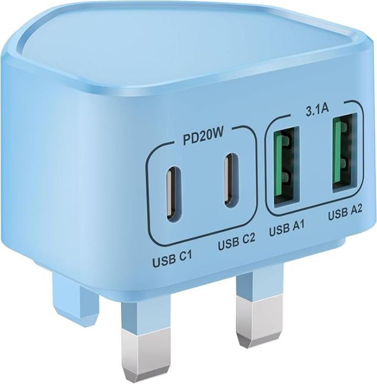 Picture of 40W USB C Plug Fast Charge, UK 4-Port Multi USB Charger Plug Fast Charging Head for iPhone 17 16 15 14 13 12 11 Pro Max SE XS XR Plus, iPad, Samsung Galaxy,Dual USBC Power Adaptor Type C Wall Head