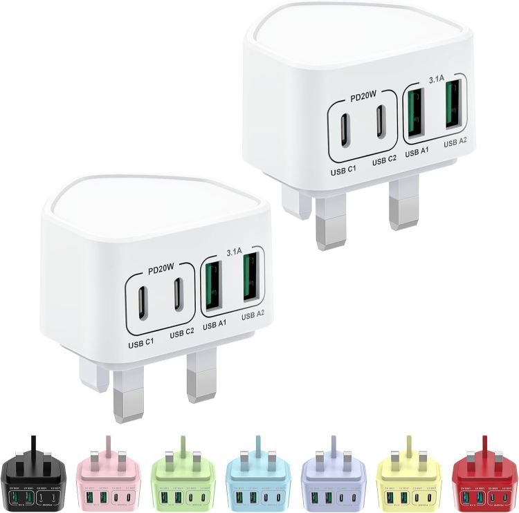 Picture of 2-Pack USB C Plug UK, 40W 4-Port Multi USB Plug Fast Charger Dual PD Power Adapter +QC Multiport Wall Charge Head Mains Type C Charging Plug for iPhone 17 16 15 14 13 12 11 Pro Max Plus, iPad