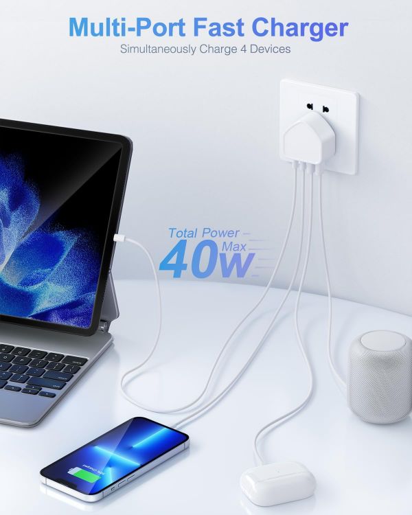 Picture of 2-Pack USB C Plug UK, 40W 4-Port Multi USB Plug Fast Charger Dual PD Power Adapter +QC Multiport Wall Charge Head Mains Type C Charging Plug for iPhone 17 16 15 14 13 12 11 Pro Max Plus, iPad