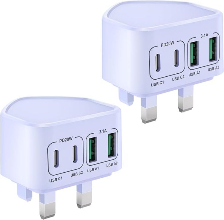 Picture of 2-Pack USB C Plug UK, 40W 4-Port Multi USB Plug Fast Charger Dual PD Power Adapter +QC Multiport Wall Charge Head Mains Type C Charging Plug for iPhone 17 16 15 14 13 12 11 Pro Max Plus, iPad