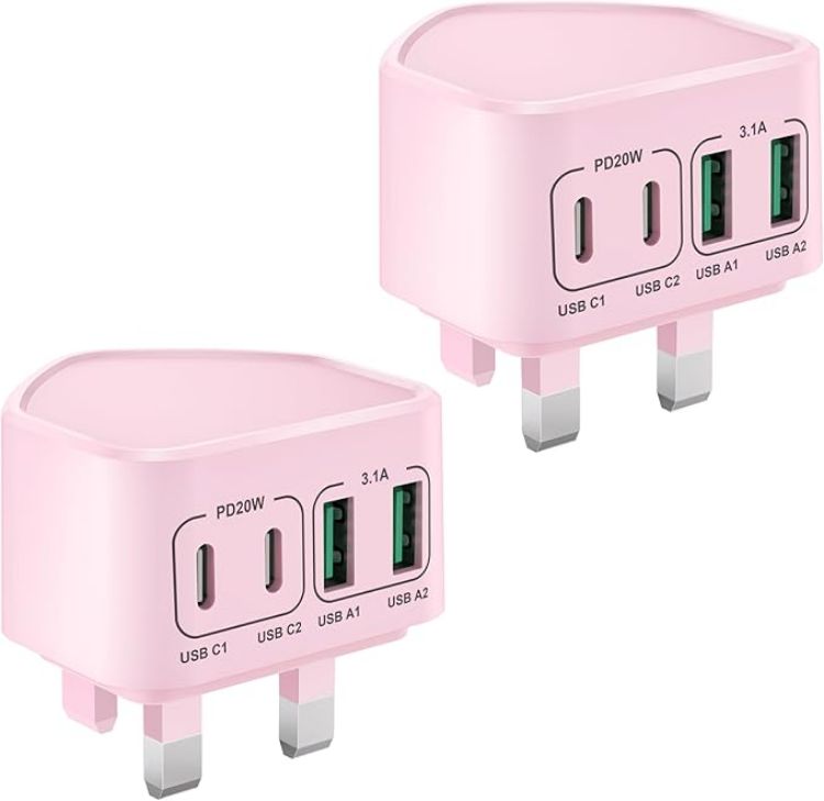 Picture of 2-Pack USB C Plug UK, 40W 4-Port Multi USB Plug Fast Charger Dual PD Power Adapter +QC Multiport Wall Charge Head Mains Type C Charging Plug for iPhone 17 16 15 14 13 12 11 Pro Max Plus, iPad