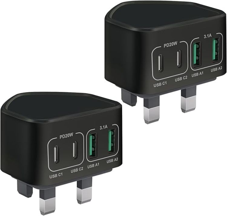 Picture of 2-Pack USB C Plug UK, 40W 4-Port Multi USB Plug Fast Charger Dual PD Power Adapter +QC Multiport Wall Charge Head Mains Type C Charging Plug for iPhone 17 16 15 14 13 12 11 Pro Max Plus, iPad