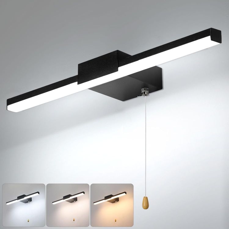Picture of 40CM Bathroom Mirror Light with Pull Cord 3 Colors Dimmable Lamps | Bathroom Wall Lights with switch 8W, IP44 Shaving&Make Up Mirror Lights Picture Lights for Living Room Black [Energy Class G]