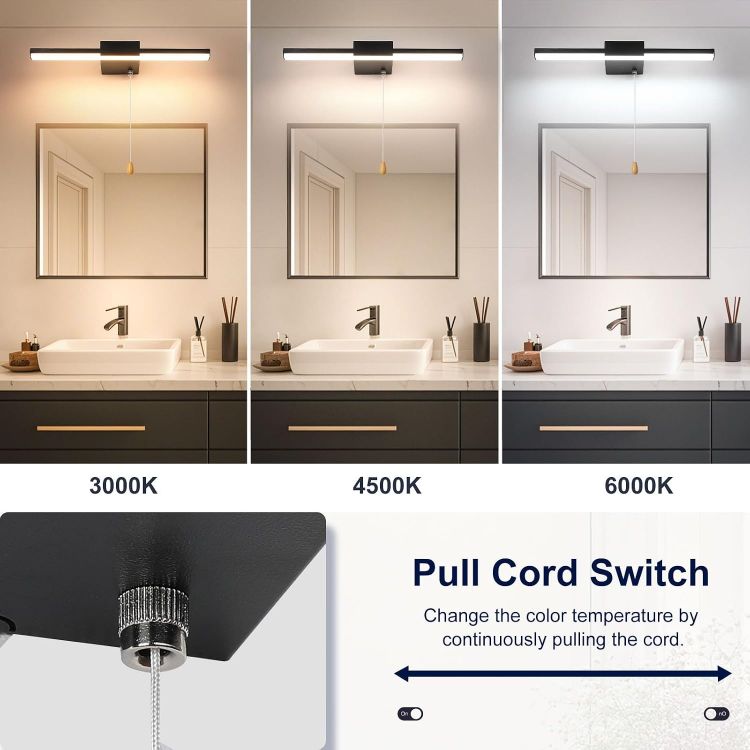 Picture of 40CM Bathroom Mirror Light with Pull Cord 3 Colors Dimmable Lamps | Bathroom Wall Lights with switch 8W, IP44 Shaving&Make Up Mirror Lights Picture Lights for Living Room Black [Energy Class G]
