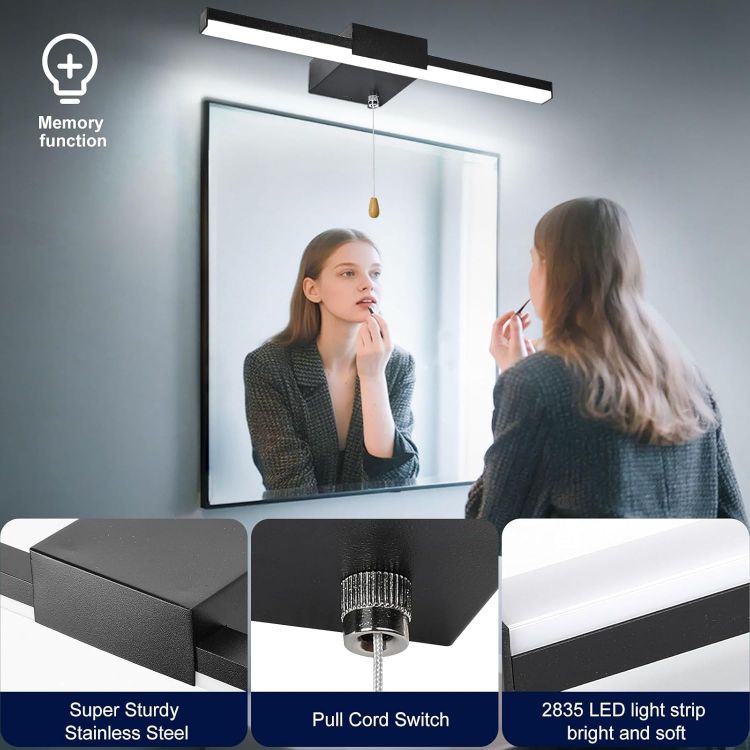 Picture of 40CM Bathroom Mirror Light with Pull Cord 3 Colors Dimmable Lamps | Bathroom Wall Lights with switch 8W, IP44 Shaving&Make Up Mirror Lights Picture Lights for Living Room Black [Energy Class G]