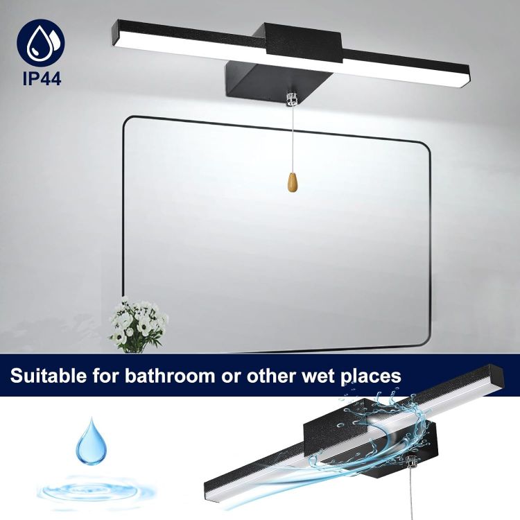 Picture of 40CM Bathroom Mirror Light with Pull Cord 3 Colors Dimmable Lamps | Bathroom Wall Lights with switch 8W, IP44 Shaving&Make Up Mirror Lights Picture Lights for Living Room Black [Energy Class G]