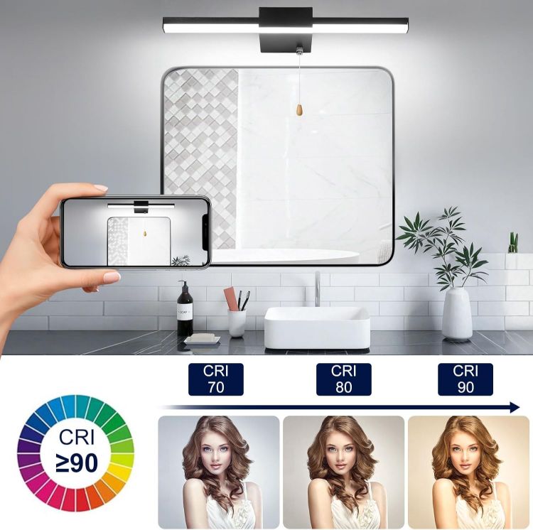 Picture of 40CM Bathroom Mirror Light with Pull Cord 3 Colors Dimmable Lamps | Bathroom Wall Lights with switch 8W, IP44 Shaving&Make Up Mirror Lights Picture Lights for Living Room Black [Energy Class G]