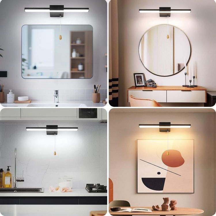 Picture of 40CM Bathroom Mirror Light with Pull Cord 3 Colors Dimmable Lamps | Bathroom Wall Lights with switch 8W, IP44 Shaving&Make Up Mirror Lights Picture Lights for Living Room Black [Energy Class G]