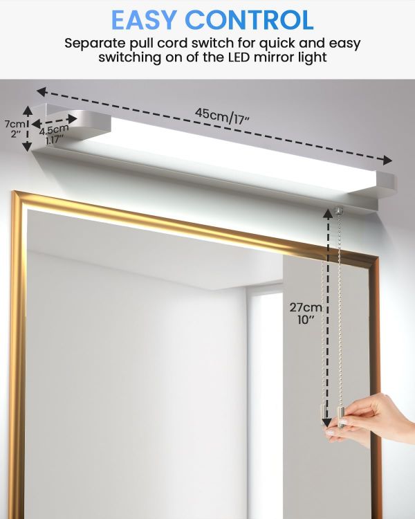 Picture of Bonlux LED Bathroom Mirror Light with Pull Cord Light Switch 7W Cool White 6000K IP44 LED Mirror Front Wall Light for Bathroom Hotel Restaurant