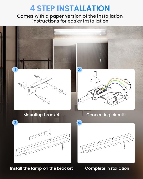 Picture of Bonlux LED Bathroom Mirror Light with Pull Cord Light Switch 7W Cool White 6000K IP44 LED Mirror Front Wall Light for Bathroom Hotel Restaurant