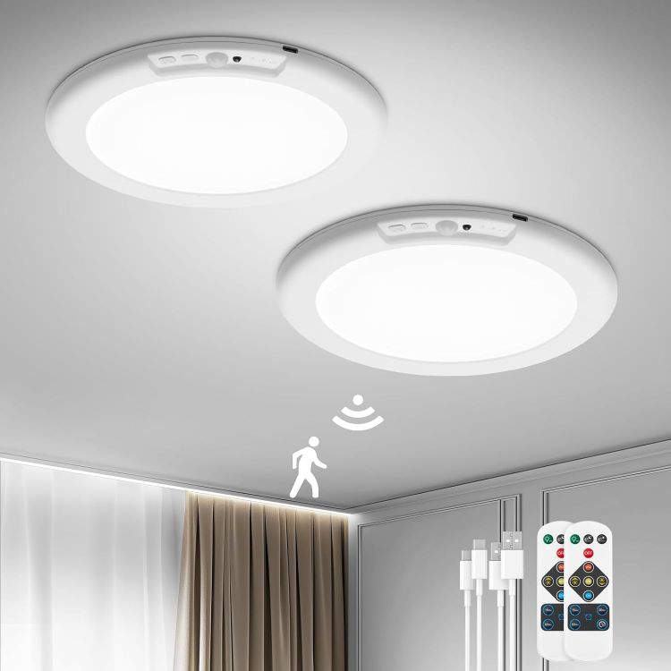Picture of Bojim Rechargeable Motion Sensor Ceiling Light for Shed Garage Shower Loft, 5000mAh Battery IP44 Waterproof USB Adhesive Portable No Wiring Bathroom Light 1 Pack