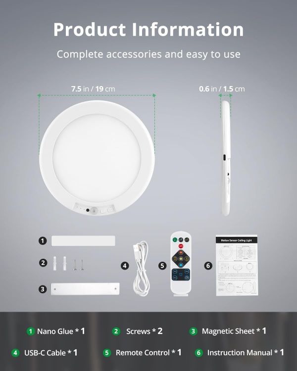 Picture of Bojim Rechargeable Motion Sensor Ceiling Light for Shed Garage Shower Loft, 5000mAh Battery IP44 Waterproof USB Adhesive Portable No Wiring Bathroom Light 1 Pack