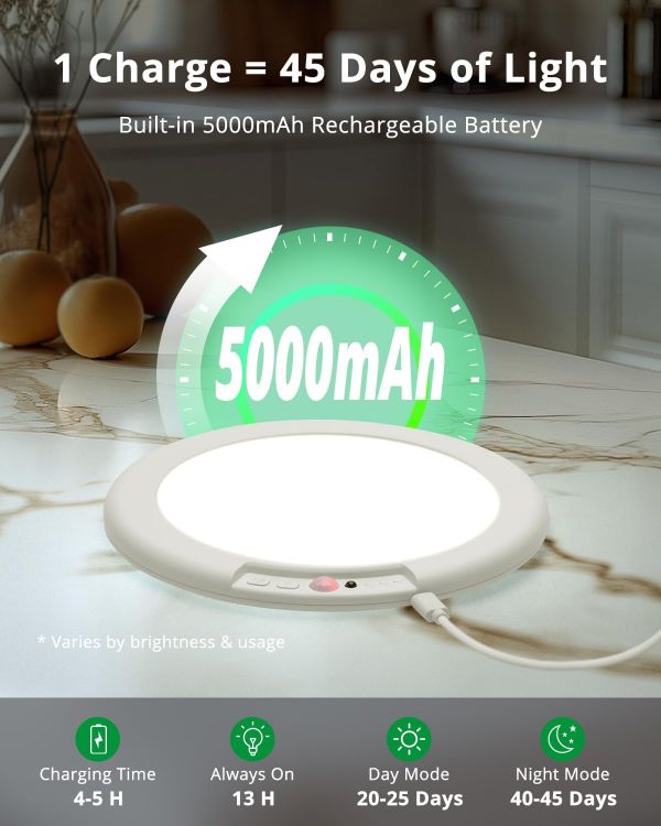 Picture of Bojim Rechargeable Motion Sensor Ceiling Light for Shed Garage Shower Loft, 5000mAh Battery IP44 Waterproof USB Adhesive Portable No Wiring Bathroom Light 1 Pack