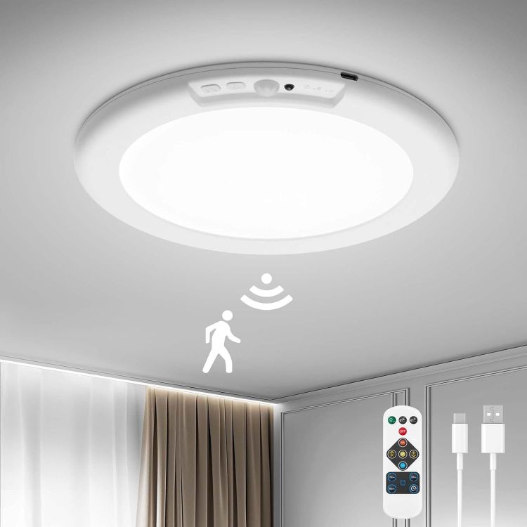 Picture of Bojim Rechargeable Motion Sensor Ceiling Light for Shed Garage Shower Loft, 5000mAh Battery IP44 Waterproof USB Adhesive Portable No Wiring Bathroom Light 1 Pack
