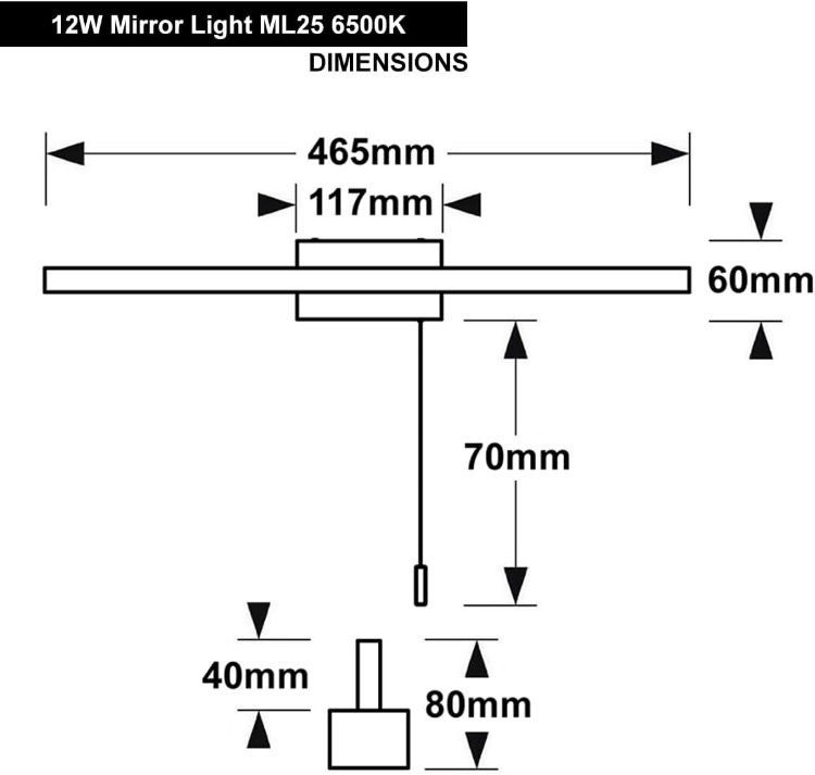 Picture of Long Life Lamp Company Black LED Mirror Light IP44 6500K Cool White Pull Cord Control ML25 [Energy Class G]