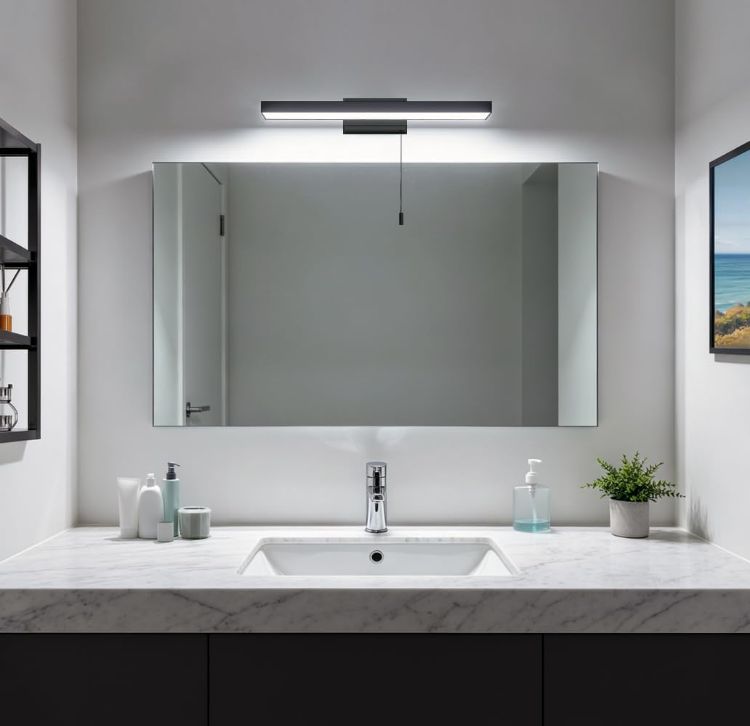 Picture of Long Life Lamp Company Black LED Mirror Light IP44 6500K Cool White Pull Cord Control ML25 [Energy Class G]