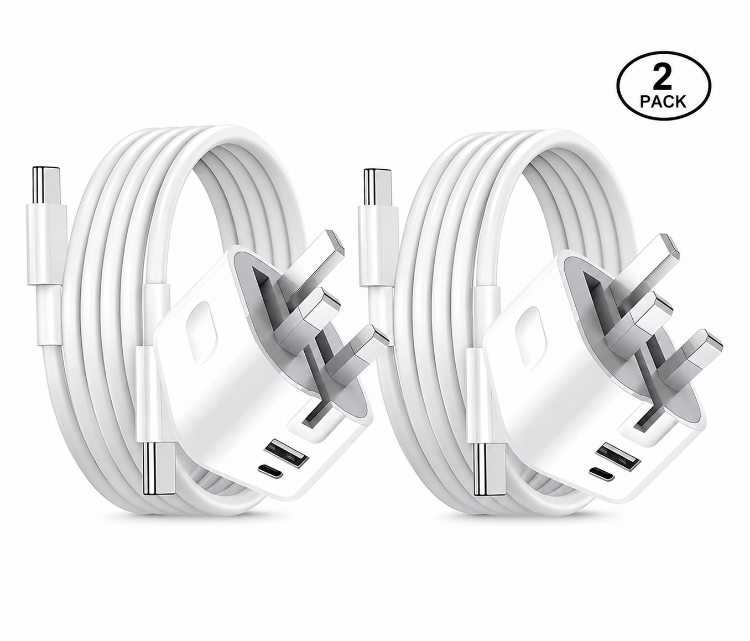 Picture of 20W USB-C Fast Charger Plug with 2M Cable  – PD + USB A UK 3 Pin Foldable Wall Charger (White)