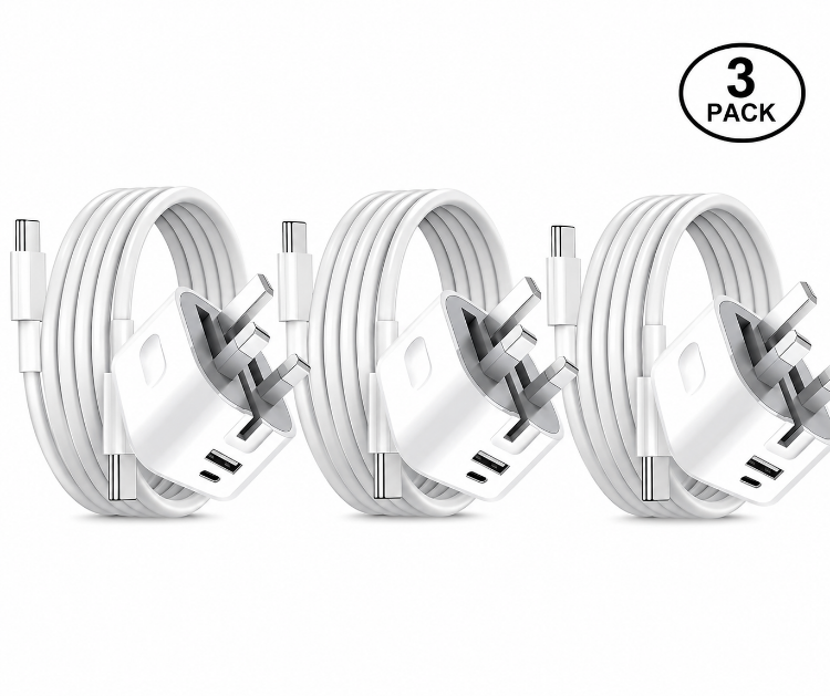 Picture of 20W USB-C Fast Charger Plug with 2M Cable  – PD + USB A UK 3 Pin Foldable Wall Charger (White)