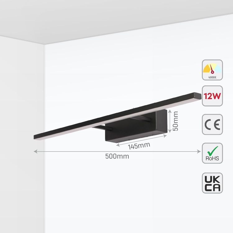 Picture of TEKLED Picture Lights for Wall | Modern Bathroom Vanity Mirror LED Light | 12W 4000K Cool White Energy Saving | IP44 Waterproof Over Mirror Lamp for Makeup & Picture Frames | Black [Energy Class G]