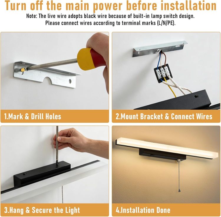 Picture of Lightess Bathroom Mirror Light with Pull Cord and Switch 3000K/4500K/6000K | 9W 40CM Bathroom Wall Light, IP44 Bathroom Led light, Bathroom Shaver Light Vanity Light 1000LM Bright for Makeup and Reading [Energy Class G]