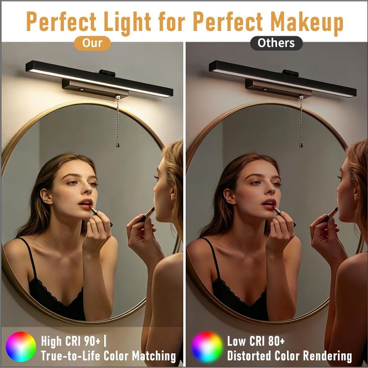Picture of Lightess Bathroom Mirror Light with Pull Cord and Switch 3000K/4500K/6000K | 9W 40CM Bathroom Wall Light, IP44 Bathroom Led light, Bathroom Shaver Light Vanity Light 1000LM Bright for Makeup and Reading [Energy Class G]