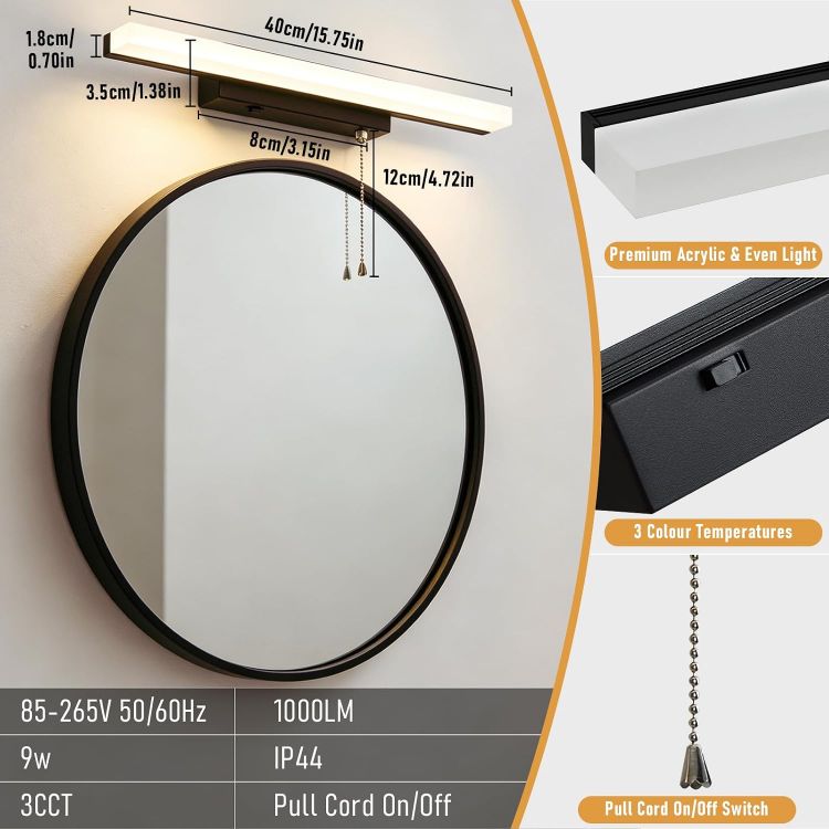 Picture of Lightess Bathroom Mirror Light with Pull Cord and Switch 3000K/4500K/6000K | 9W 40CM Bathroom Wall Light, IP44 Bathroom Led light, Bathroom Shaver Light Vanity Light 1000LM Bright for Makeup and Reading [Energy Class G]