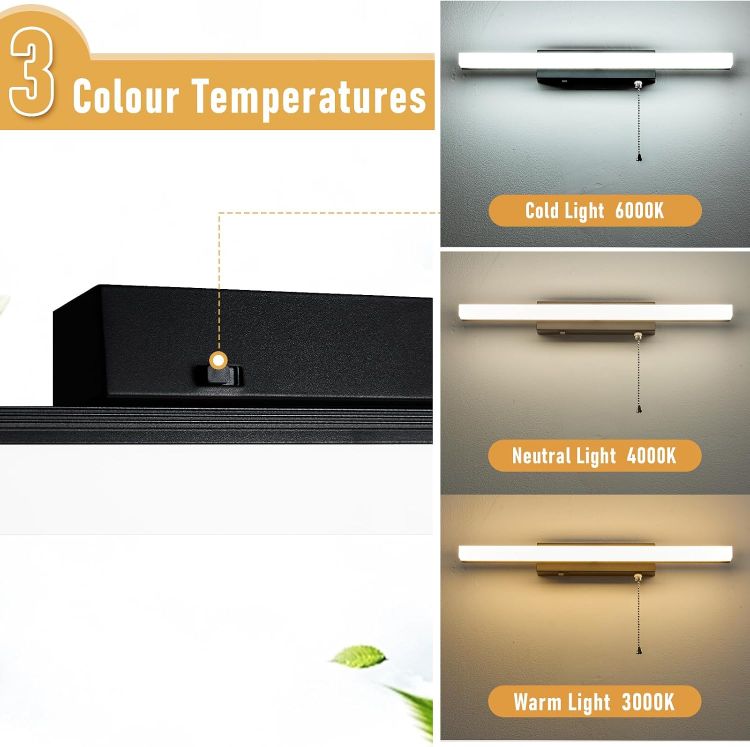 Picture of Lightess Bathroom Mirror Light with Pull Cord and Switch 3000K/4500K/6000K | 9W 40CM Bathroom Wall Light, IP44 Bathroom Led light, Bathroom Shaver Light Vanity Light 1000LM Bright for Makeup and Reading [Energy Class G]