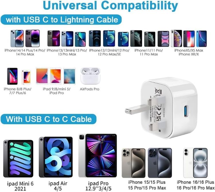 Picture of USB Type C Plug,i Phone USBC Fast Charger Plug USB-C Ports UK Wall Head Charging Plug Compatible with iPhone 17 Pro Max Air 16e 16 Plus Pro Max 15 14 13 12 11 SE XR XS 8/Apple Watch/iPad Pro Mini Air